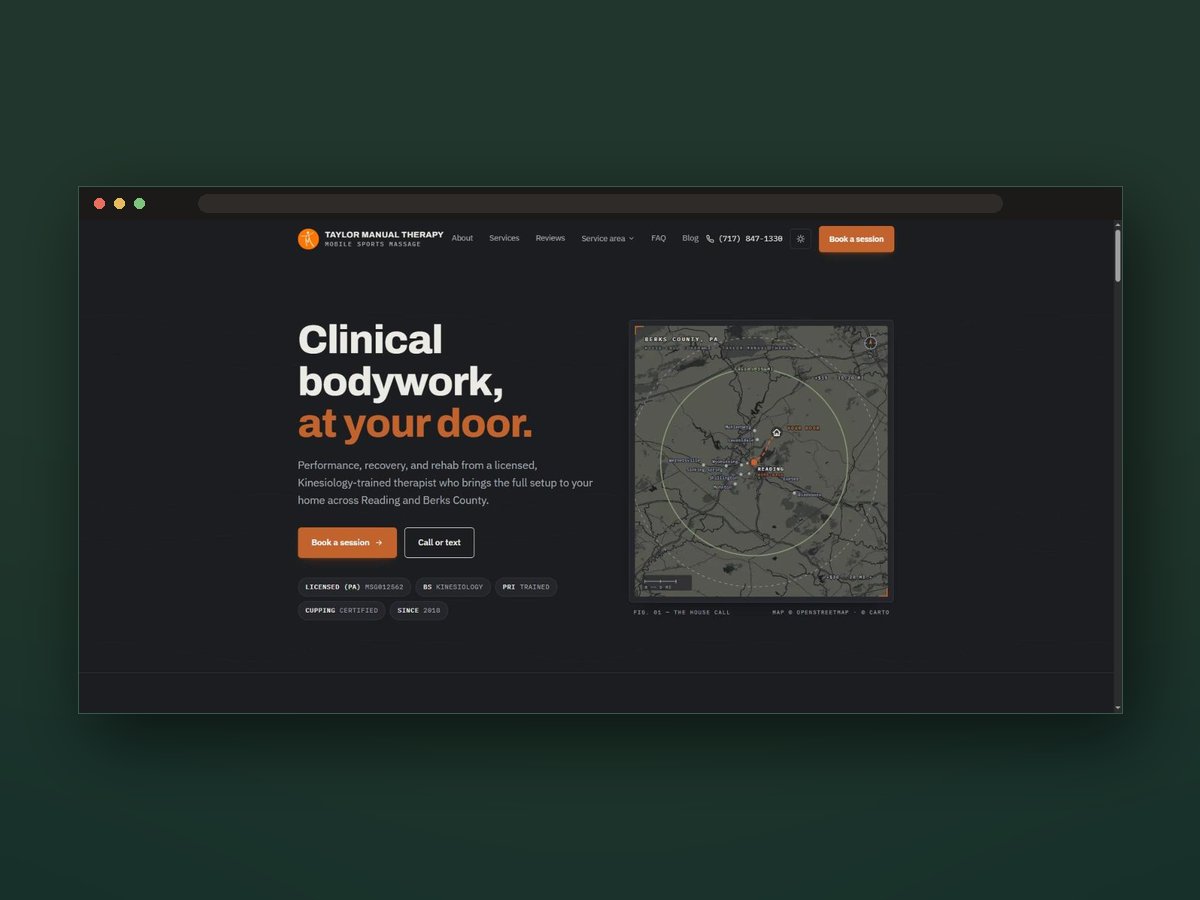 The Taylor Manual Therapy website shown in a browser window: a dark homepage headed “Clinical bodywork, at your door.”